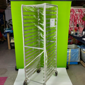 Clear Bakery Rack Cover – Heavy 10-Gauge PVC Vinyl with 3 Zippers (4-Sided) - 33" x 23" x 28"<br>Made in USA